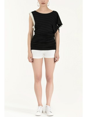 Siyah Bej Taş Detaylı Düşük Omuz Bluz 18580