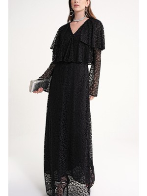 Siyah Yakası Fırfır Detaylı Uzun Dantel Elbise 94637