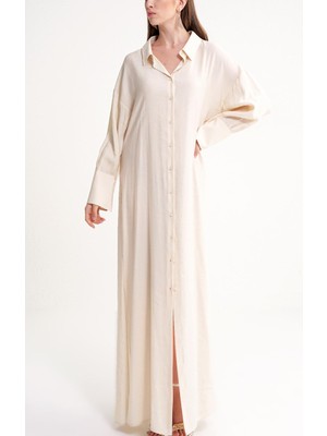 Ekru Arkası Bağcık Detaylı Gömlek Elbise 94579