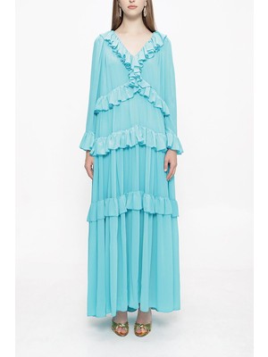 Turkuaz Büzgülü Bol Kesim Elbise 94037