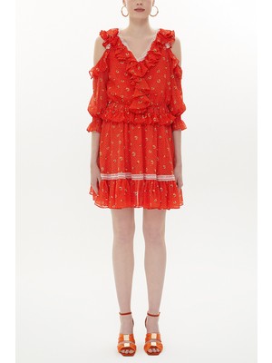 Turuncu Omuzu Dekolte Mini Elbise 93139