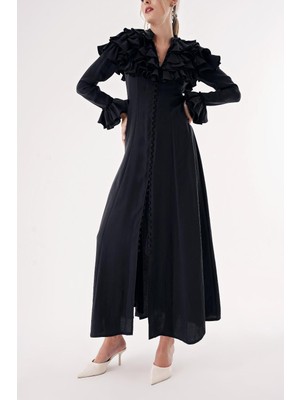 Siyah Hakim Yaka Fırfır Detaylı Gömlek Elbise 94465