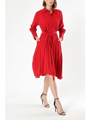 Kırmızı Bol Kesim Pili Detaylı Gömlek Elbise 93828