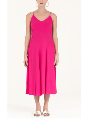 Fuşya Askılı V Yaka Midi Elbise 92296