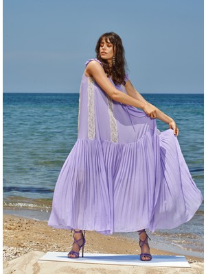 Lila Dantelli Kolsuz Uzun Elbise 93544