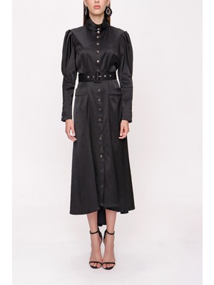 Siyah Dikiş Detaylı Gömlek Elbise 94010