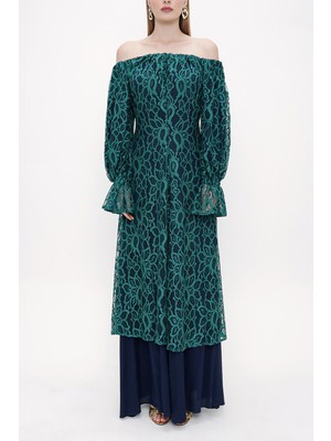 Yeşil Düşük Omuzlu Dantel Elbise 93803