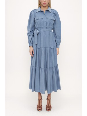 Mavi Bol Kesim Büzgülü Elbise 93756