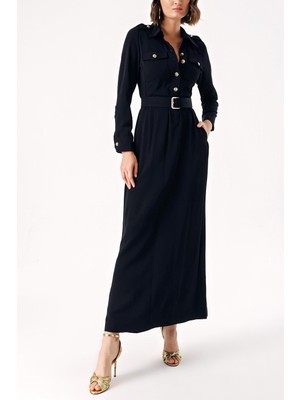 Siyah Aksesuar ve Kemer Detaylı Uzun Elbise 94233