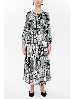 Yeşil Lastikli Balon Kol Uzun Elbise 92718