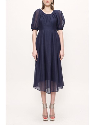 Mavi Balon Kol Kemerli Elbise 93096