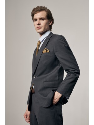 Antrasit Mono Yaka Desen Yünlü 6 Drop Comfort Fit Classic Takım Elbise 1001255102