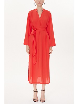 Kırmızı Hakim Yaka Bol Kesim Elbise 93726