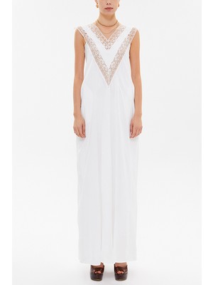 Beyaz V Yaka Dantelli Uzun Elbise 92254