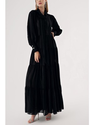 Siyah Balon Kollu ve Büzgülü Kemerli Gömlek Elbise 94553