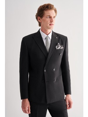 Siyah Kılıç Yaka Tam Astar 6 Drop Slim Fit Esnek Kruvaze  Takım Elbise 1001255154