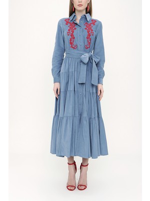 Mavi Nakış Detaylı Kadife Gömlek Elbise 93763