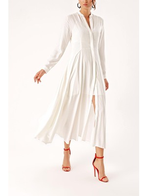 Beyaz Hakim Yaka Godeli Gömlek Elbise 94295