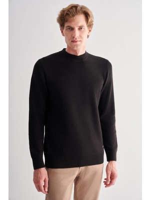 Siyah Yarım Balıkçı Yaka Uzun Kol Cepsiz Comfort Fit Casual Pamuklu Triko Kazak 1012255203