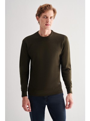 Koyu Haki Bisiklet Yaka Uzun Kol Cepsiz Comfort Fit Pamuklu Triko Kazak 1012255220