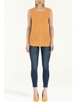 Hardal Desenli Örgü Kolsuz Bluz 28659