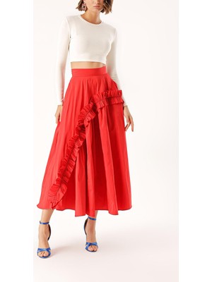 Kırmızı Büzgü Detaylı Midi Boy Valonlu Etek 81241