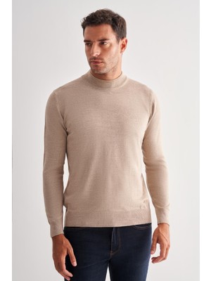 İmza Bej Yarım Balıkçı Yaka Cepsiz Comfort Fit Classic Yünlü Triko Kazak 1012255001