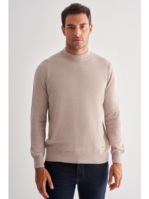 Açık Bej Yarım Balıkçı Yaka Uzun Kol Cepsiz Comfort Fit Classic Pamuklu Triko Kazak 1012255208