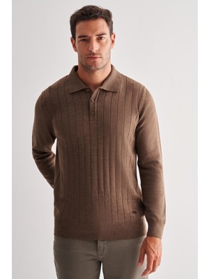 Açık Kahverengi Polo Yaka Uzun Kol Cepsiz Comfort Fit Pamuklu Triko Kazak 1012255214