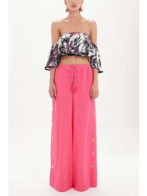 Pembe Yanları Düğmeli Bol Kesim Pantolon 41309