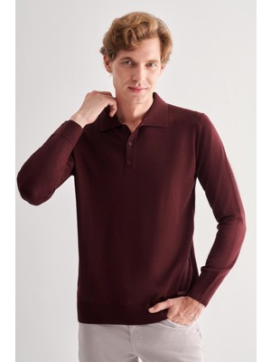 Bordo Polo Yaka Cepsiz Comfort Fit Classic Pamuklu Triko Kazak 1012255007
