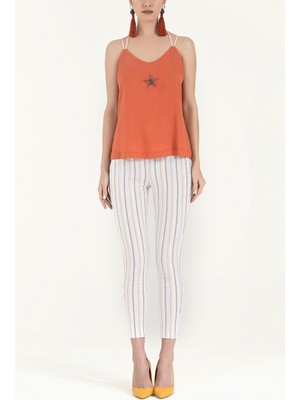 Turuncu Yıldız Taşlı Askılı Bluz 19690