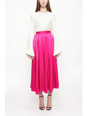 Fuşya Beli Lastikli Midi Etek 81209