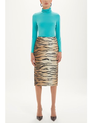 Bej Desenli Diz Altı Kalem Etek 80745