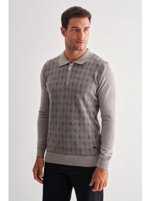 Açık Gri Fermuarlı Polo Yaka Uzun Kol Cepsiz Comfort Fit Pamuklu Triko Kazak 1012255223