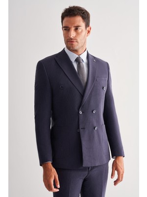 Koyu Lacivert Kılıç Yaka Tam Astar 6 Drop Slim Fit Esnek Kruvaze  Takım Elbise 1001255155