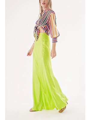 Sarı Beli Lastikli Uzun Saten Etek 81298