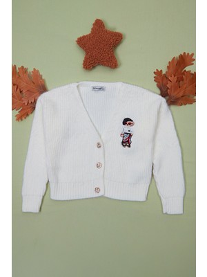 Ayıcık Nakışlı Düğmeli Kız Çocuk Triko Hırka