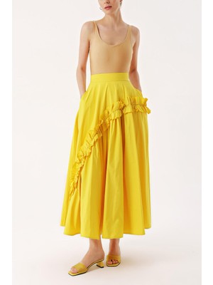 Sarı Büzgü Detaylı Midi Boy Valonlu Etek 81241