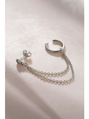 Gümüş Kristal Taş Detaylı Çift Zincirli 925 Ayar Gümüş Küpe 43