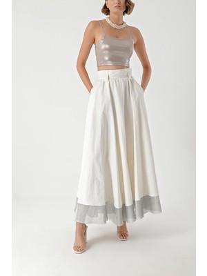 Ekru Metalik Kumaş Garnili Fermuarlı Dökümlü Etek 81226