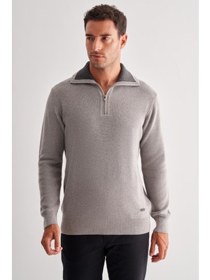Gri Fermuarlı Yarım Balıkçı Uzun Kol Cepsiz Comfort Fit Casual Pamuklu Triko Kazak 1012255204