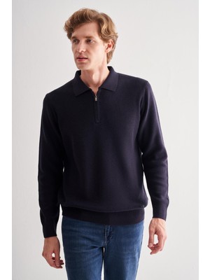 Koyu Lacivert Fermuarlı Polo Yaka Uzun Kol Cepsiz Comfort Fit Casual Pamuklu Triko Kazak 1012255202