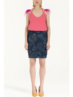 Lacivert Taşlı Denim Etek 80638