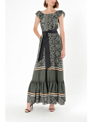 Yeşil Omuzları Fırfırlı Uzun Elbise 92390