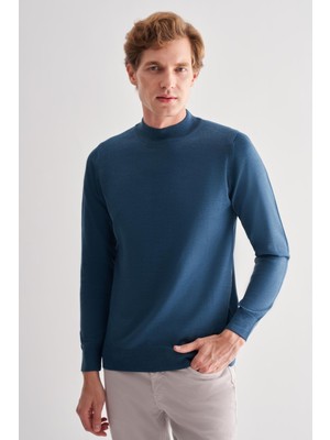 İmza Mavi Yarım Balıkçı Yaka Cepsiz Comfort Fit Classic Yünlü Triko Kazak 1012255001