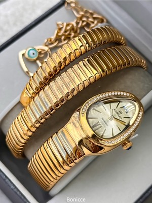 Kalından Inceye Doğru Taşlı Yılan Saat (2 Tur),kibar Kasa (24 Çap),3 Atm Gold Çelik Kordon, Bileklik