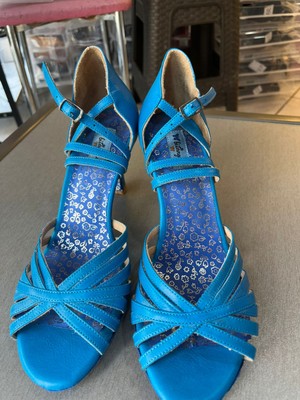 Mavi 7 Bantlı Latin, Salsa, Bacata, Tango, Dans ve Salon Ayakkabı 7 cm 11 Pont Kadeh Topuk
