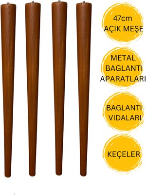 47 cm Açık Meşe Ahşap Sehpa Ayağı 4 Adet Ahşap Ayak | Mobilya Ayağı + Metal  Bağlantı Aparatları