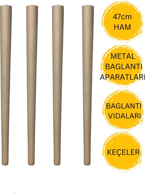 Hamadex 47 cm Ham Ahşap Sehpa Ayağı 4 Adet Ayak | Mobilya Ayağı + Metal Bağlantı Aparatları